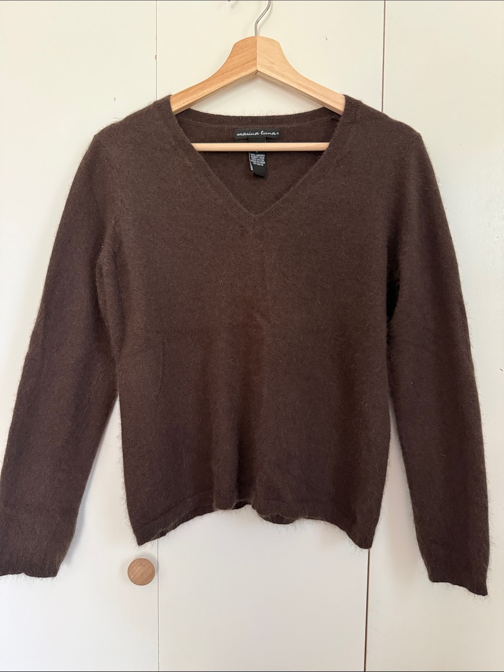 Marina Luna Angora Dark Brown V-Neck Knit Sweater L Quiet Luxury  Neutral Cozy